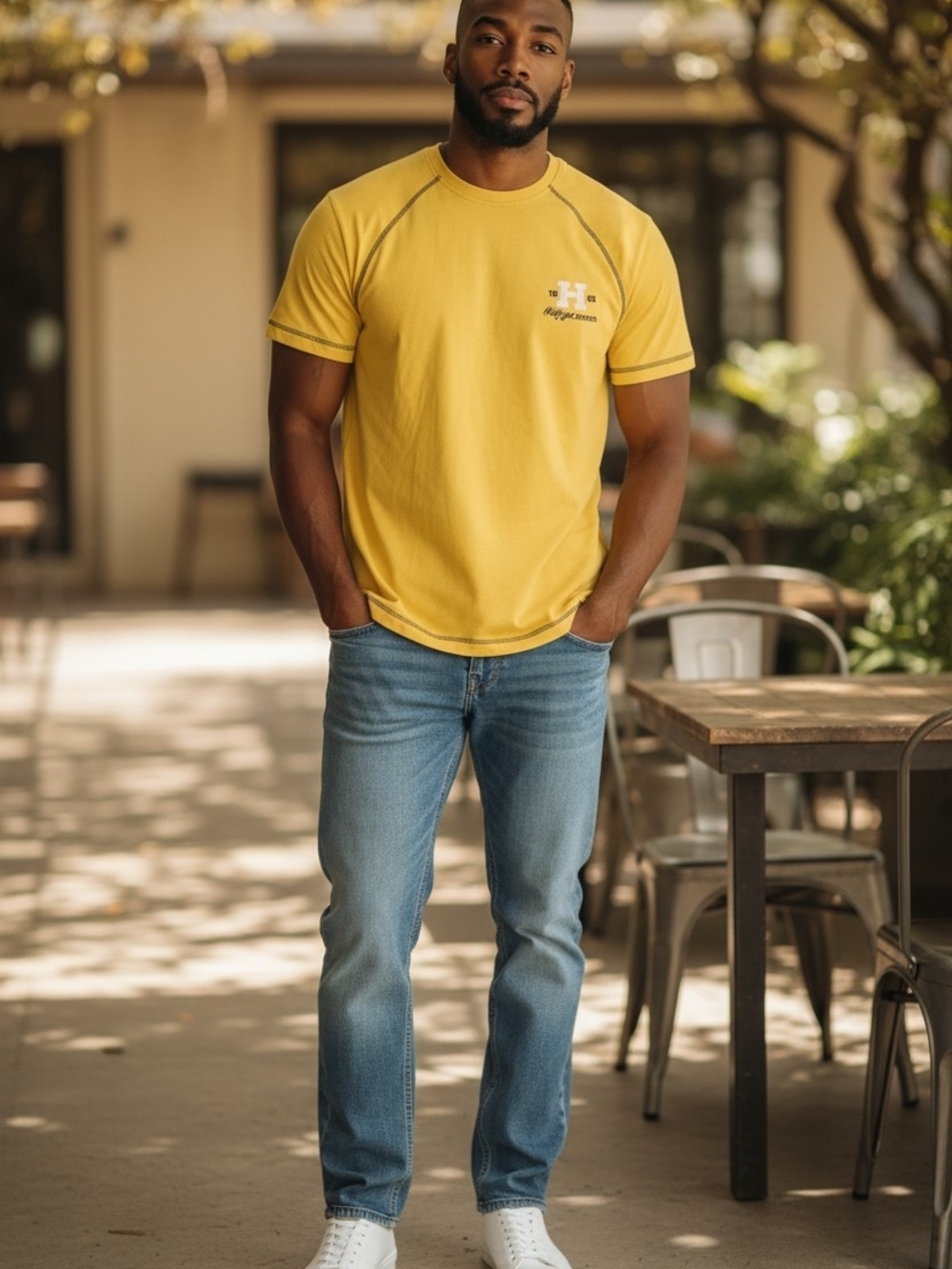 Vintage Tommy Hilfiger Yellow Crewneck Tee with Signature Flag Tag, Mens M